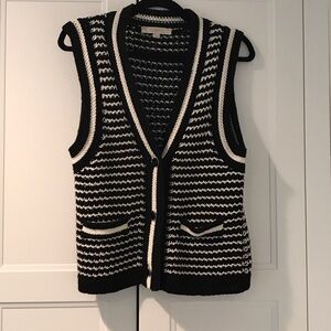 LOFT Black & Cream Striped Knit Button-Front Vest